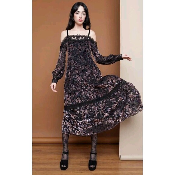 Nanette Lepore Black Floral Rayon Silk Lace Dress Dark Romantic Womens Size 10 - Picture 2 of 13